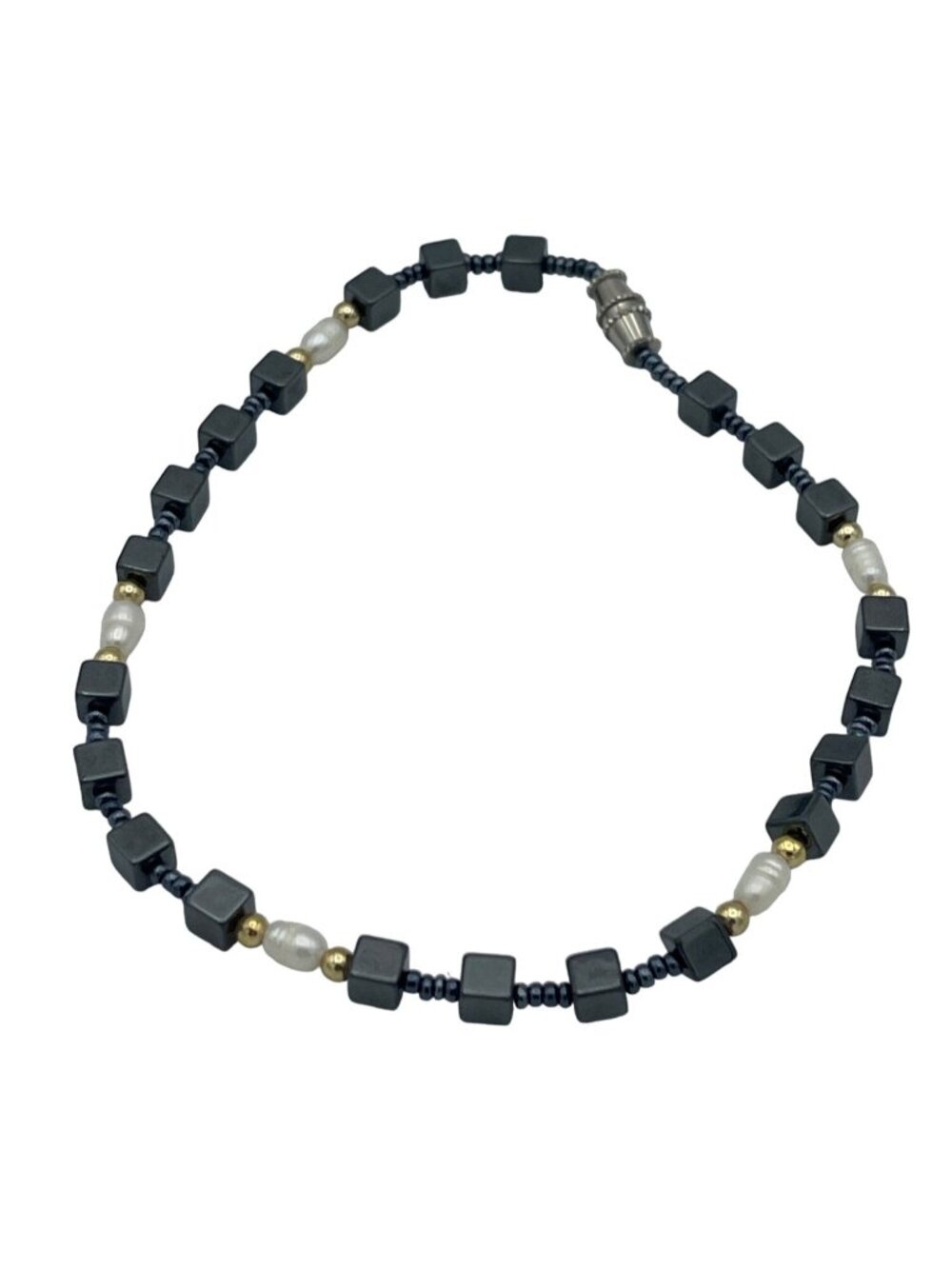 Hematite Anklet With Freshwater Pearls & Gold-Tone Beads Magnetic Clasp 10 In